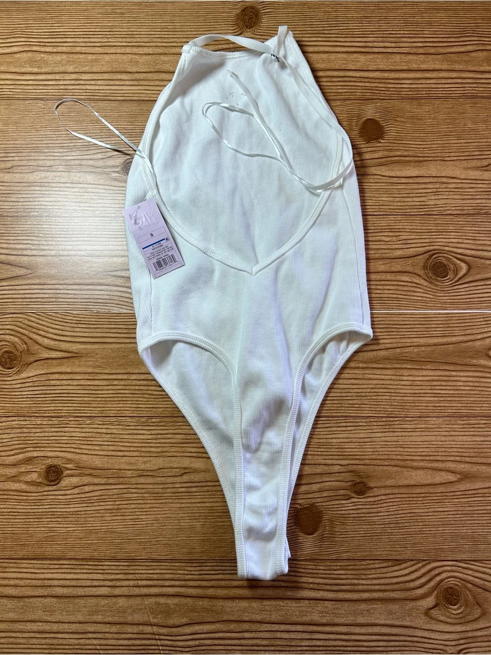 Women’s White Halter Neck Ribbed One-Piece Bodysuit Snap Crotch Logo Strap